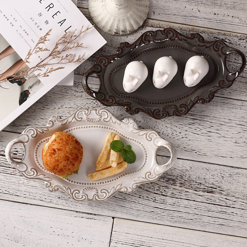 Exquisite white European-style embossed two-handled plate: the perfect personalized gift