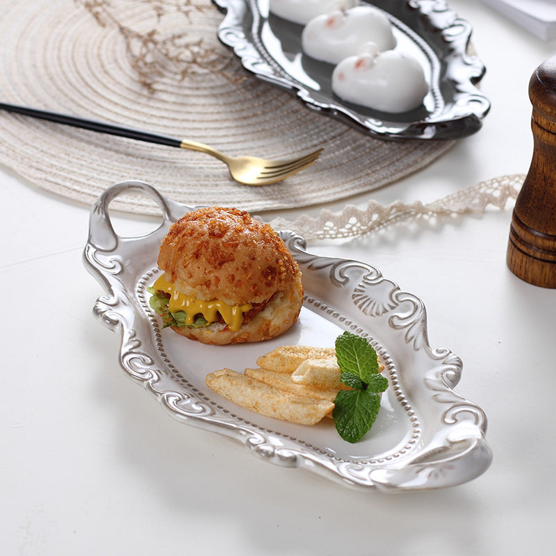 Exquisite white European-style embossed two-handled plate: the perfect personalized gift