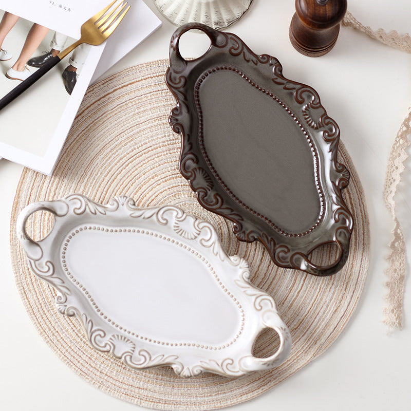 Exquisite white European-style embossed two-handled plate: the perfect personalized gift