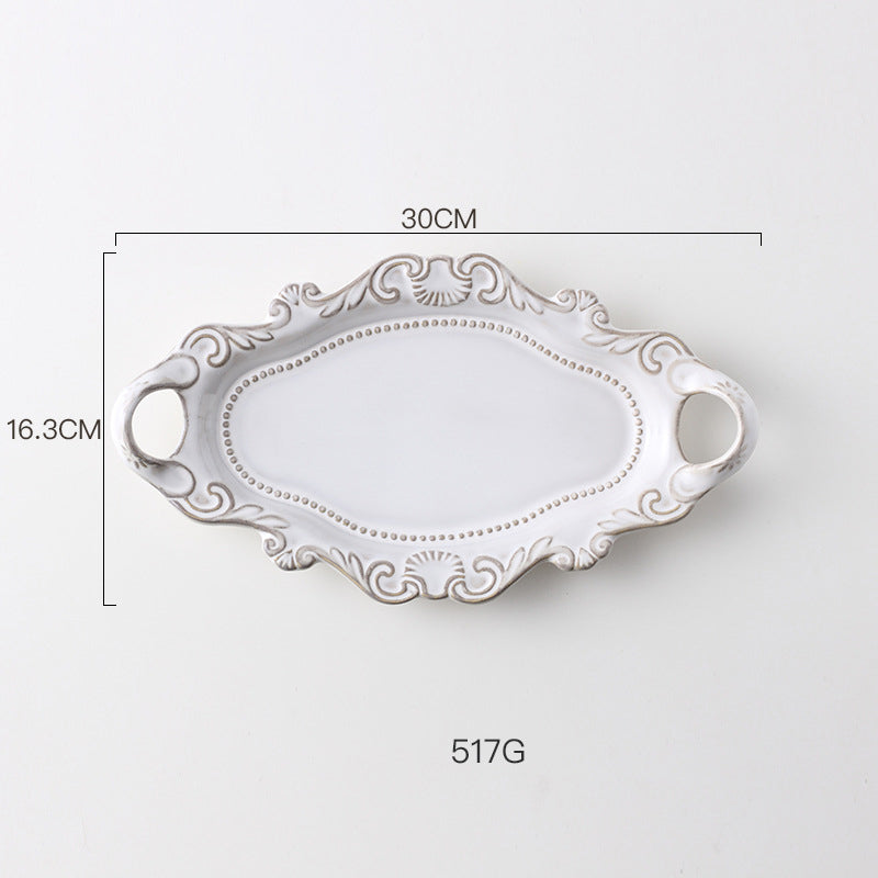 Exquisite white European-style embossed two-handled plate: the perfect personalized gift