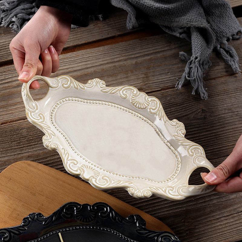 Exquisite white European-style embossed two-handled plate: the perfect personalized gift