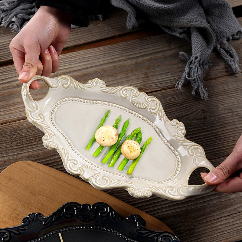 Exquisite white European-style embossed two-handled plate: the perfect personalized gift