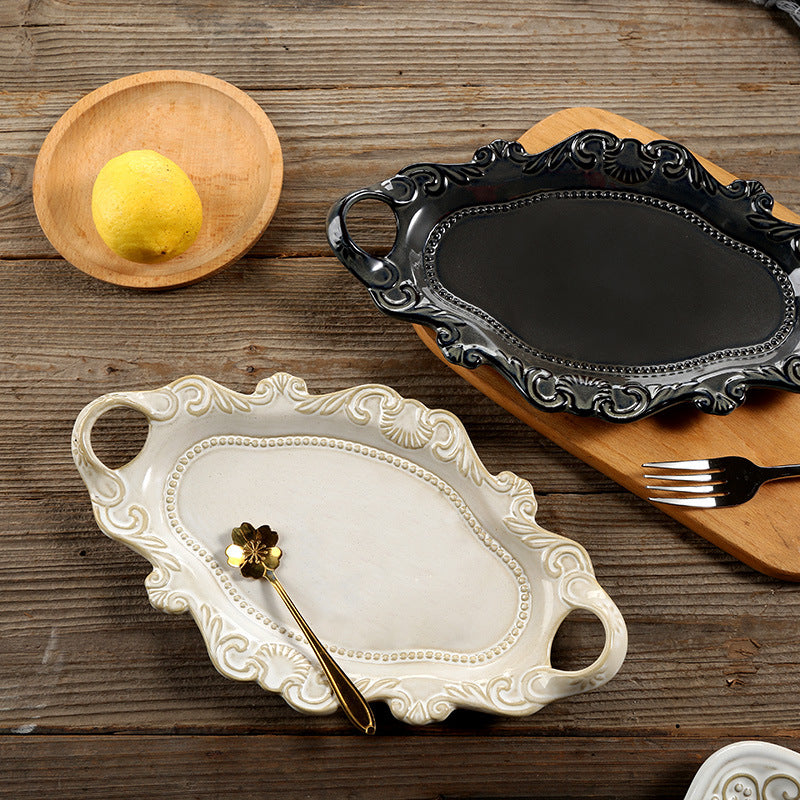 Exquisite white European-style embossed two-handled plate: the perfect personalized gift