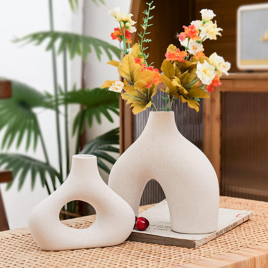 Beige Ceramic Vase Set - Modern Minimalist Bohemian Style Donut Vase